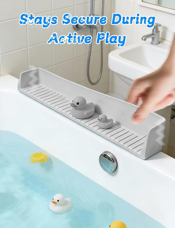 Splash Guard for Bathtub 31.5 Inch Silicone Tub Splash Guard with 11 Suction Cups Foldable Bath Toy Holder & Play Shelf Prevents Water Spills for Standard Tubs (Light Gray)