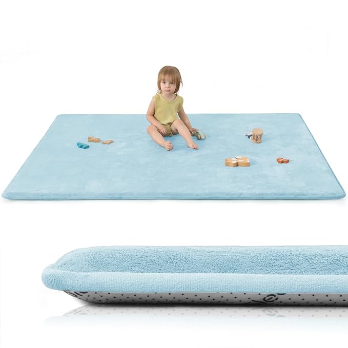 Baby Play Mat for Floor,1.3" Thick Elasti-Foam 50"×74" Playpen Mat for Tummy Time,Water Repellent Soft Coral Velvet for Toddler,Infant,Kids,Non-Slip Backing Safe for Crawling(Light Blue)
