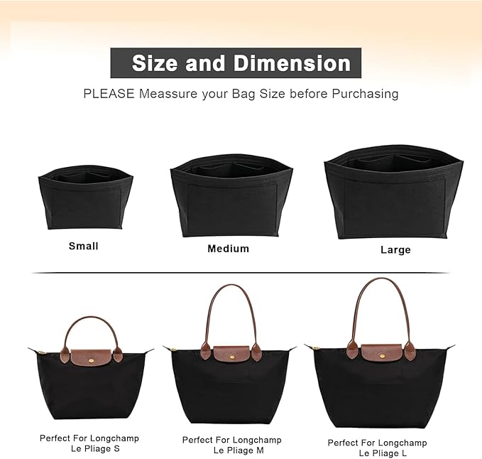 Felt Purse Organizer Insert for Longchamp Le Pliage L Handbag Insert (Large, Black)