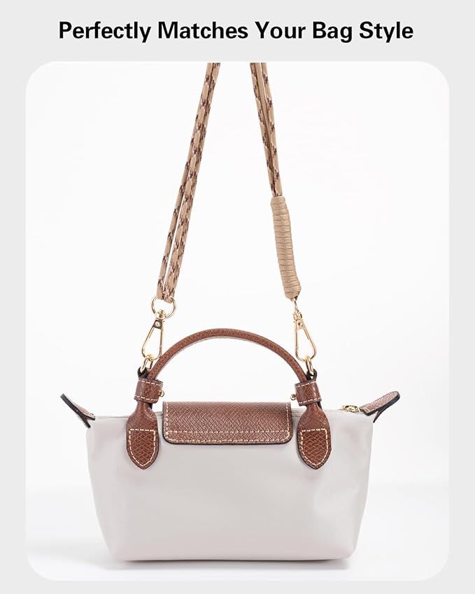 Handwoven Adjustable Shoulder Strap & Mini Bag Organizer Set for Longchamp Mini Bag, Includes Inner Liner & Strap, No-Punch Design – Tan & Beige