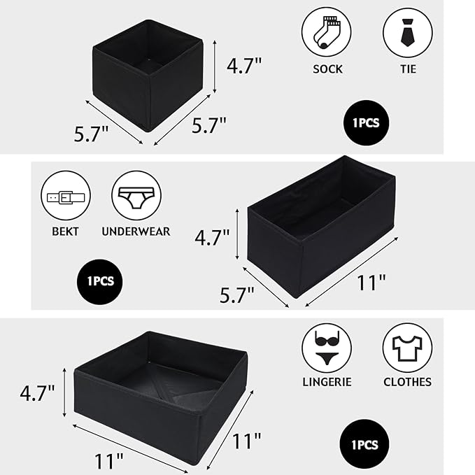 Pomety Black Foldable Underwear Drawer Organizer and Closet Dividers Foldable Cloth Storage Box Drawer Divider Organizer Bins for Clothes, Socks, Bras, Underwear,3 Pack （Black）