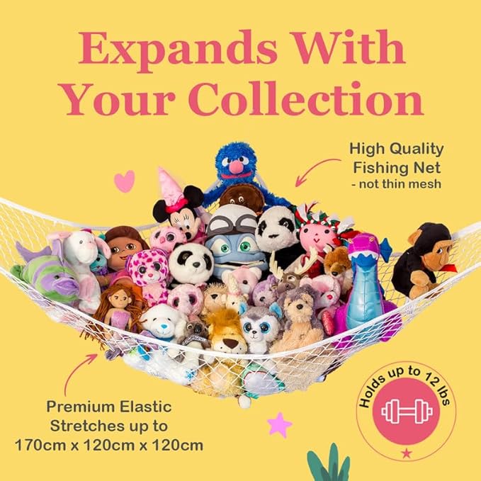 Lilly's Love Stuffed Animal Hammock | Corner Hanging Organizer, Toy Storage, Stuffed Animal Storage Net | Made from Quality Fishing Net, Holds 12lbs | 67"x47"x47" (Yellow, 2 Pack)