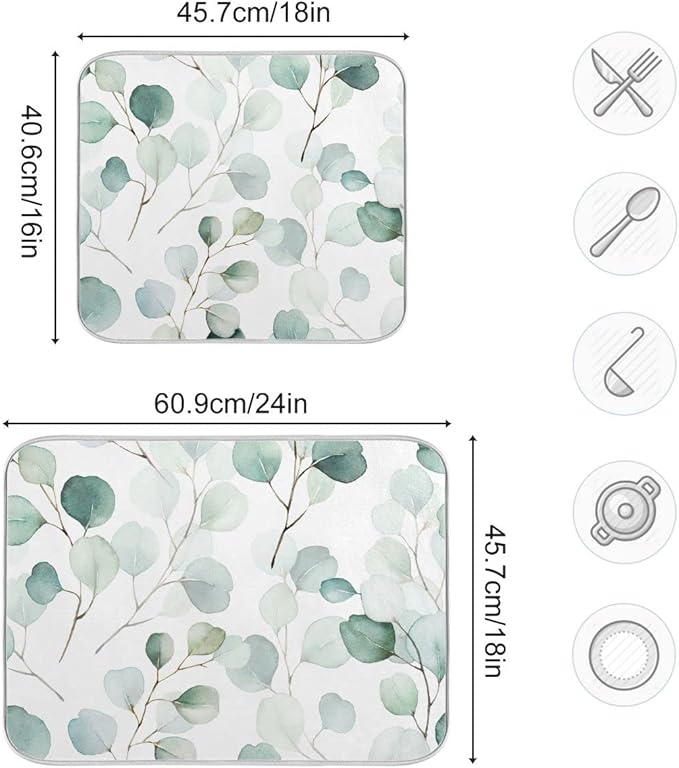 Sage Green Leaves Dish Drying Mat for Kitchen Counter Watercolor Branch Plant Drying Mat 16 x 18 Inch with High Absorbent Reversible Microfiber Dish Drying Pad Drainer Mat for Coffee Bar