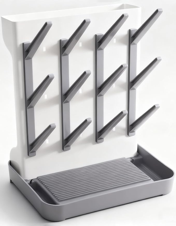 Baby Bottle Drying Rack, Vertical Space Saving Countertop Holder - Large Capacity for 12 Bottles, Pump Parts, Pacifiers, Brushes, Sippy Cups - BPA-Free, Baby Accessories Organizer - Grey