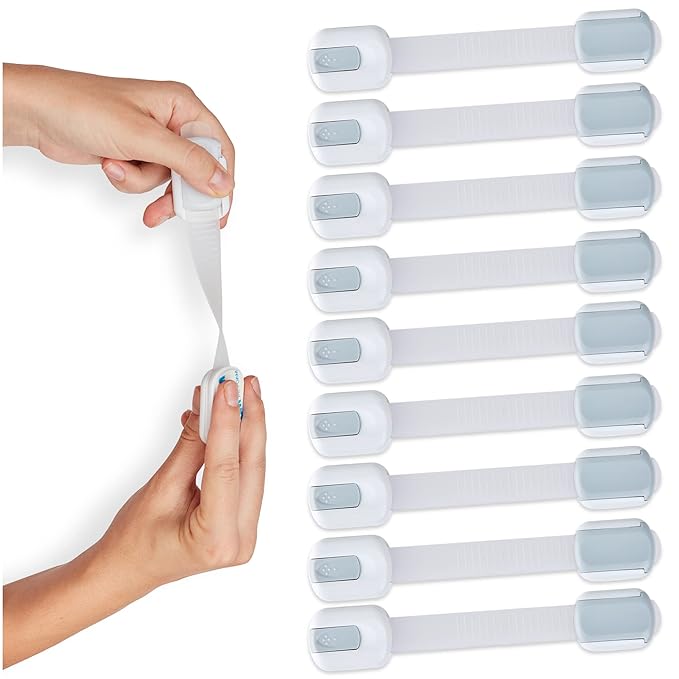 Child Safety Strap Locks (6-Pack) Baby Locks for Cabinets and Drawers, Toilet, Fridge & More. 3M Adhesive Pads. Easy Installation (White/Gray)