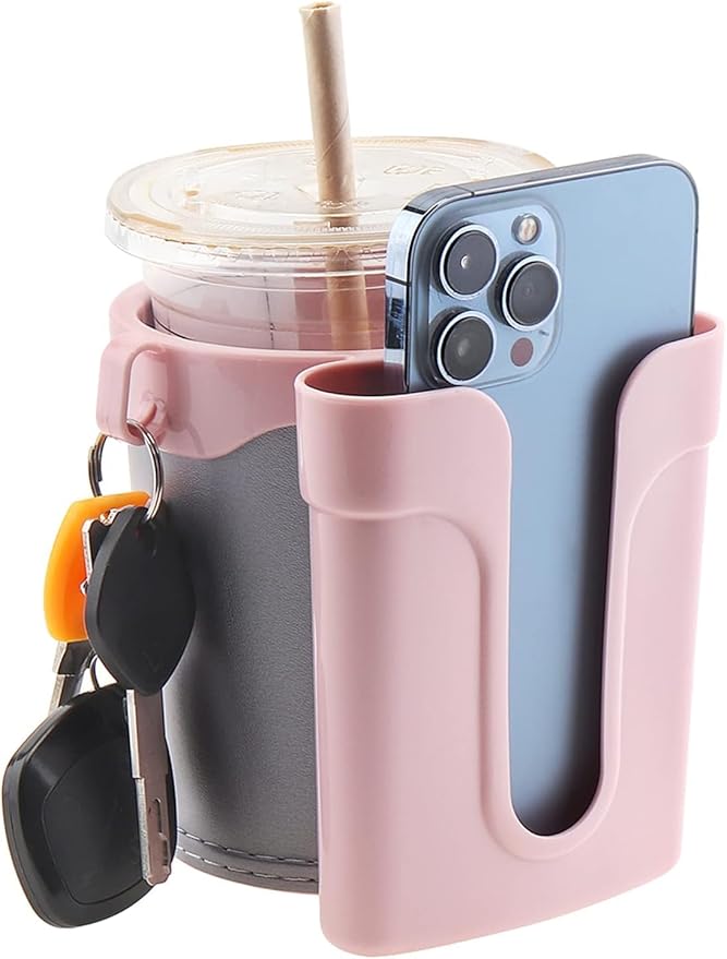 Tobefore Bike Cup Holder ABS+PU Leather with Phone Mount and Keys Hook，Adjustable Drink Holder for Bicycle Handlebar,Universal Coffee Cup Holder for Bicycle, Wheelchair, Scooter and Walker(Gray Pink)