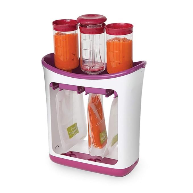 Infantino Squeeze Station, Baby Food Maker & Pouch Filler, Fill 3 Reusable Pouches at Once, Easy to Use, Dishwasher Safe, Homemade Baby Food Prep Essential, Purple