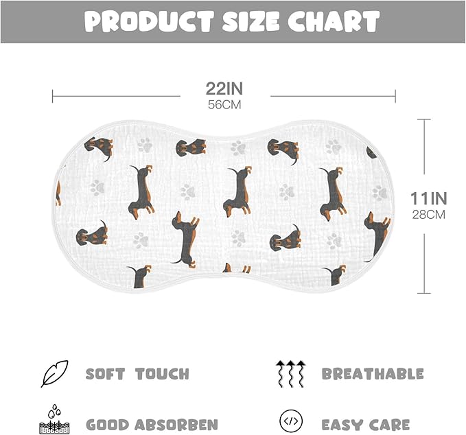 Qinllo 2 Pack Muslin Burp Cloths Dachshund Dogs White Cotton Baby Burp Cloths Ultra Absorbent and Soft Burping Cloth for Newborn Babies Boys Girls 22x11 Inch