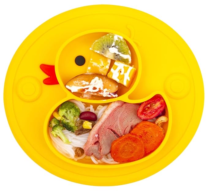 Baby Plate Silicone Toddler Plates Suction Placemat Divided Dishes for Kids and Infants One-Piece Strong Suction, BPA Free, Microwave Dishwasher Safe (Yellow)
