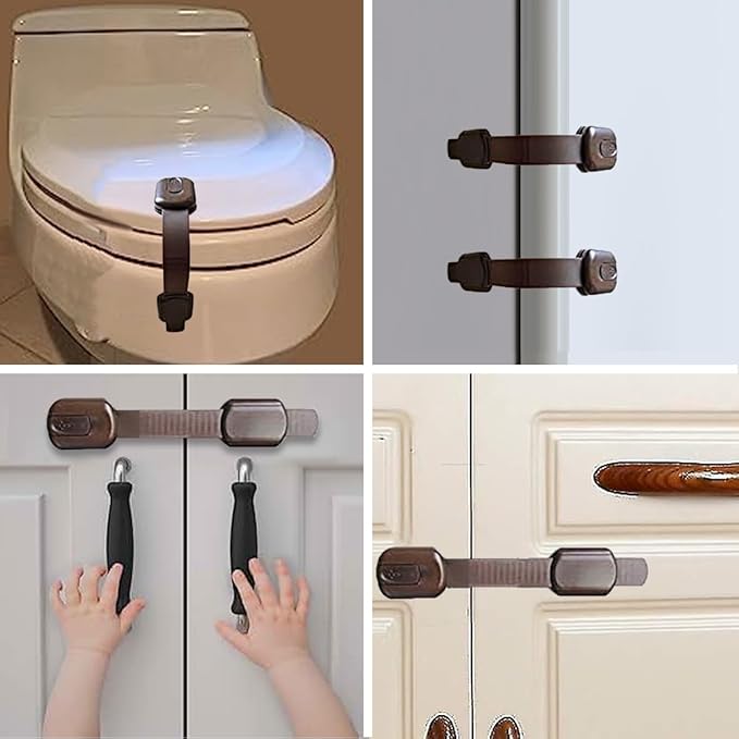 Child Proofing Safety Locks - 8 Pcs Baby Proof Lock with 8 Extra 3M Adhesives -Adjustable Flexible Strap Latches to Cabinet, Cupboard, Drawer, Fridge, Toilet-Seat, Oven, Closet Seat, Door,Window-Brown