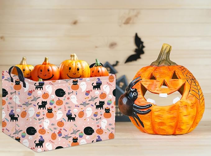 TIBAOLOVER Rectangular Halloween Basket for Kids Cute Pumpkin Basket Storage Bin Organizer Box Room Decor for Halloween Parties(Pink Ghost)