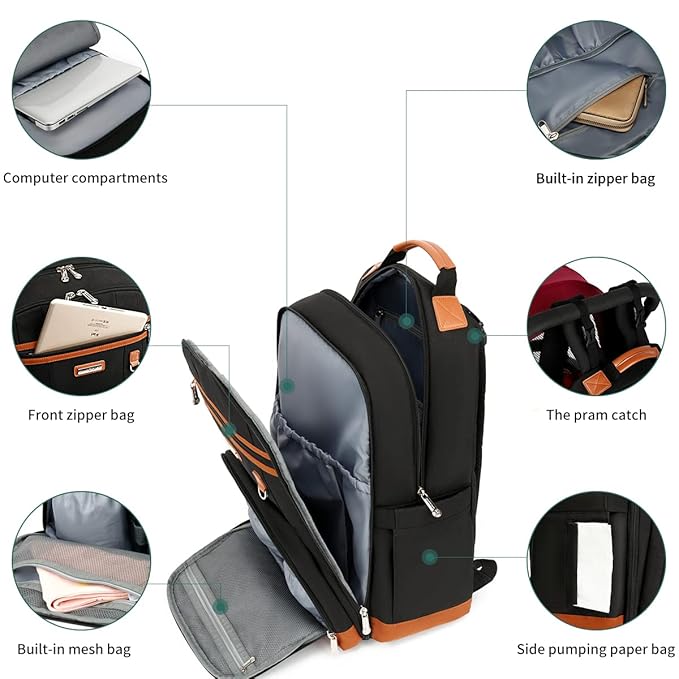 BILLITON MASHI Diaper Bag Backpack, Large Baby Nappy Bags with Portable Changing Pad for Boys and GirlsMultifunction Travel Baby Bag for Moms Dads, Shower Gifts Waterproof and Stylish，Black