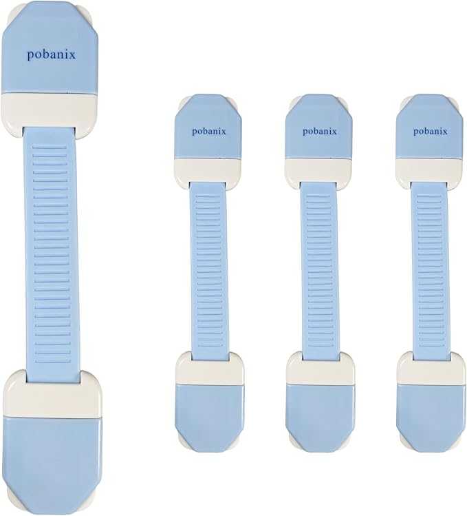 Soft Strap Child Safety Locks Non-Adjustable, Flexible Cabinet & Drawer Latches for Baby & Pet Proofing, 3M Adhesive, No Tools, Fits Toilet Lid, Closet, Kitchen Cupboards & More(Blue 4Pack)