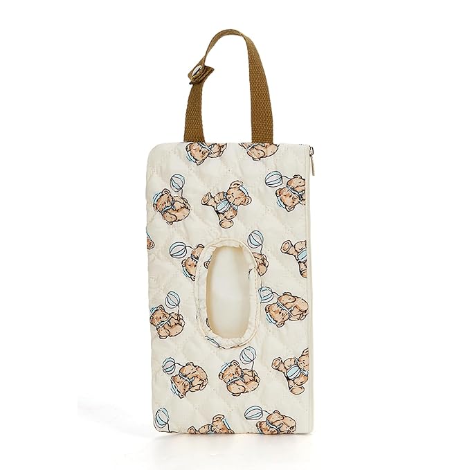Quilted Baby Wipe Holder Quilted Wipe Pouch Portable Hanging Floral Wet Wipes Bag for Car, Stroller (Bear 2)