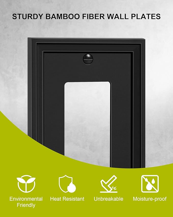 6-Pack Decorator Outlet Cover Plate, Black Decorative Switch Plates and Outlet Covers, Natural Bamboo Fiber Wall Plates for Electrical Outlets, Receptacle, GFCI Outlet, Dimmer Switch