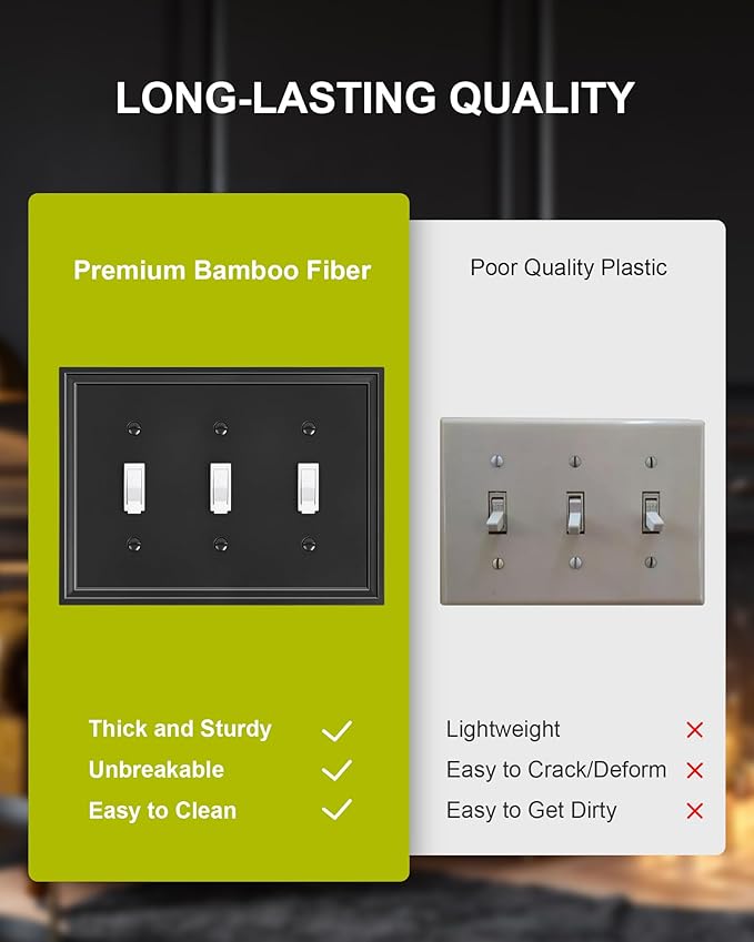 2-Pack Triple Toggle Light Switch Cover Plate, Black Decorative Switch Plate Covers, Natural Bamboo Fiber 3 Gang Wall Plate, Corrosion Resistant
