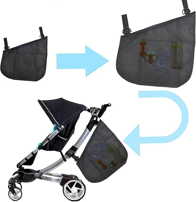Stroller Side Bag - Bike/Stroller Organizer, Hook & Loop Easy Attach - Mesh Design, Non-Slip Straps, mom Cozy Stroller Organizer, Stroller Accessories, Black (BLACK 2PCS)