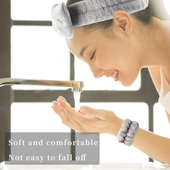 12 PCS Face Wash Headband Wristband Set for Women, Microfiber Spa Hair Wraps for Girls, Makeup Skincare Headbands Wrist Bands for Washing Face（Black, Gray, Light coffee, Beige）