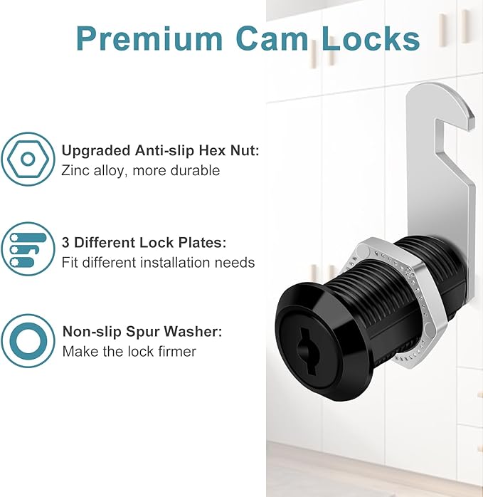 Cabinet Cam Lock Keyed Alike Black Finish, 1-1/8'' Cabinet Locks with Key Secure Files Drawers RV Storage Locks Replacement Set, Zinc Alloy (Black 1-1/8 Inch 2Pcs)