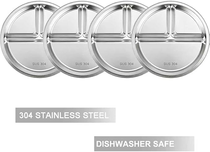 PandaEar 4 Pack Stainless Steel Divided Plates for Kids, 8.1” Portion Control Plates with 3 Compartments, Reusable Metal Dishes for Balanced Meals, Camping & Home Use (4, Silver)
