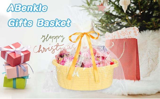 ABenkle Small Basket with Gift Bags and Ribbons, Empty Gift Baskets for Mother's Day, Decorative Boho Rope Woven Nursery Storage Organizer Toy Baskets with Handle for Baby Showers, 12"X 8" X 5"