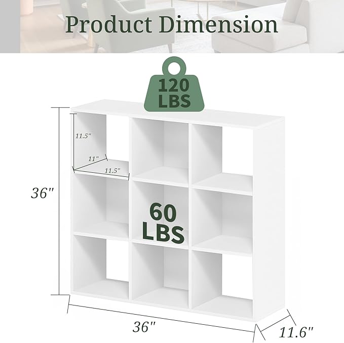 9-Cube Storage Organizer, White Bookshelf with Open Compartments for Home Office, Modern Bookcase Display Shelf for Living Room, Bedroom & Entryway