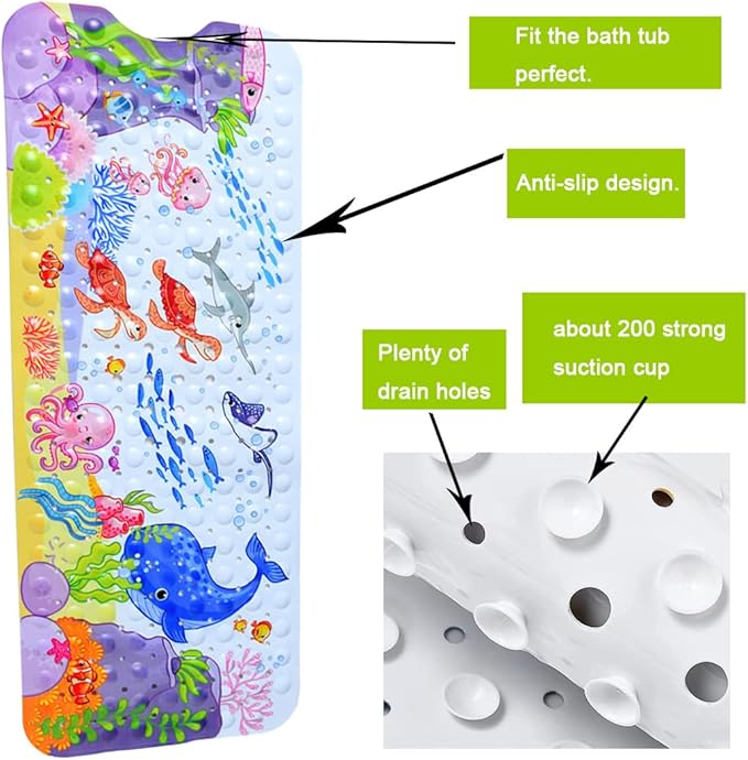 Non-Slip Bath Mat for Kids - Cartoon Sea Animal Shower Mat with Anti-Slip Suction Cups, Machine Washable - 40 x 16 Inch, 100 x 40cm - Whales