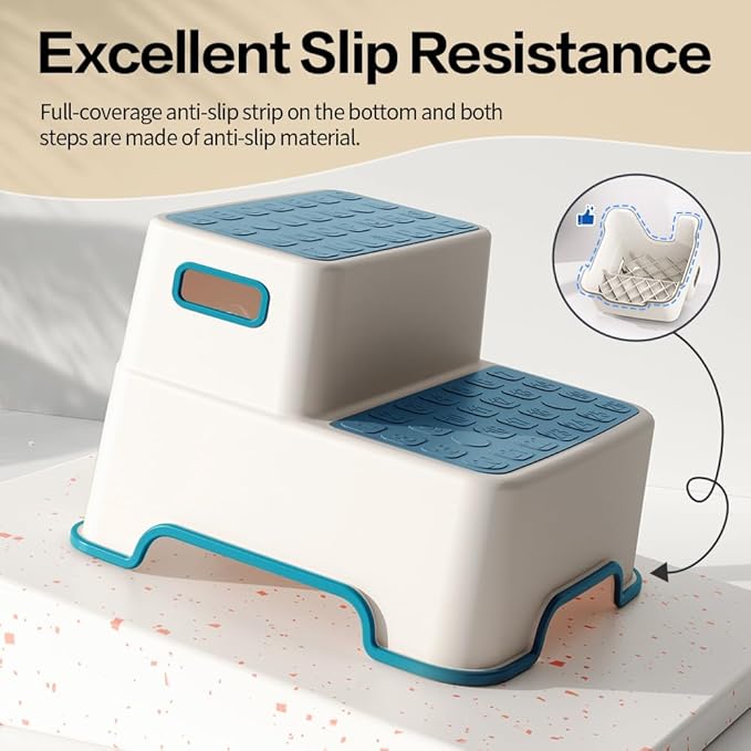 ZLMHYYM Toddler Step Stool for Bathroom Sink, 2 Pack Step Stool for Kids, Plastic Potty Training Toilet Stepping Stools, Child and Baby Lightweight&No-Slip Two Step Stools for Kitchen(Off-White/Blue)