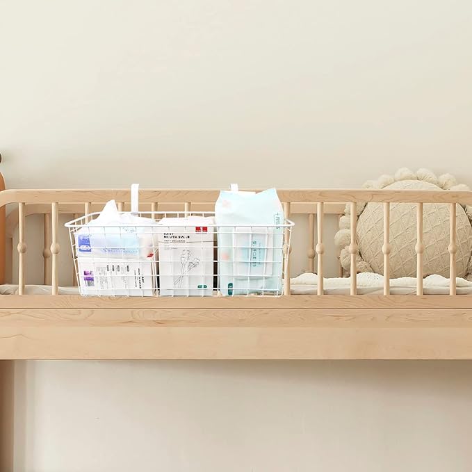 Bedside Hanging Wire Basket for Storage Bedside Caddy Hanging Organizer Bunk Bed Bedside Shelf Holder Pocket for College Dorm Room Baby Bed Rails (White/Large)
