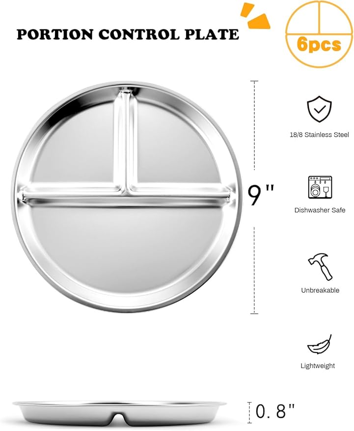 Bakpoco Stainless Steel Kids Plates Set of 6, 9" Portion Control Plates Divided Plate for Adults Toddlers Balance Lunch, Bariatric & Diabetic Diet, Non Toxic Camping Metal Snack Plate for Eating