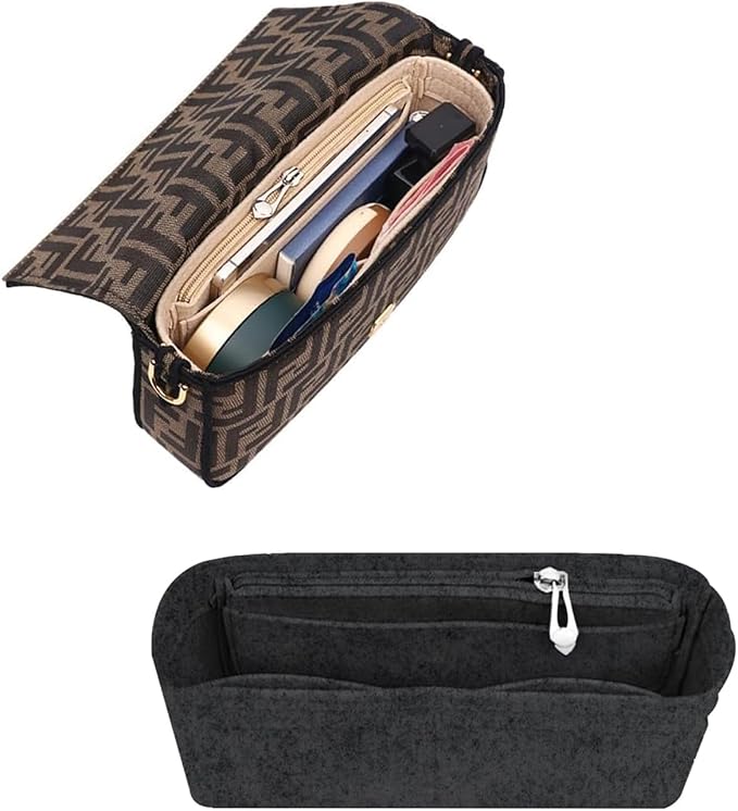 Chispee Purse Organizer Insert Felt With Zipper for Baguette Small Tote, Finishing Inner Bag, Handbags Organizer for Women, Storage Bladder (Medium, Dark Grey)