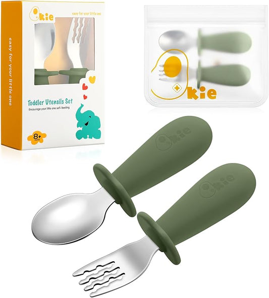 Qkie Toddler Utensils, Toddler Forks and Spoons, Baby Spoons Self Feeding, Stainless Steel Baby Silverware with BPA Free Silicone Easy Grip, 8 Months+ (Matcha)
