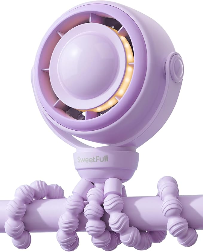 SWEETFULL Baby Stroller Fan - 4000mAh Rechargeable 4-Speed Quiet with LED Display & Night Light, Mini Portable 360° Clip On Safe Fan for Car Seat, Crib, Travel - Purple