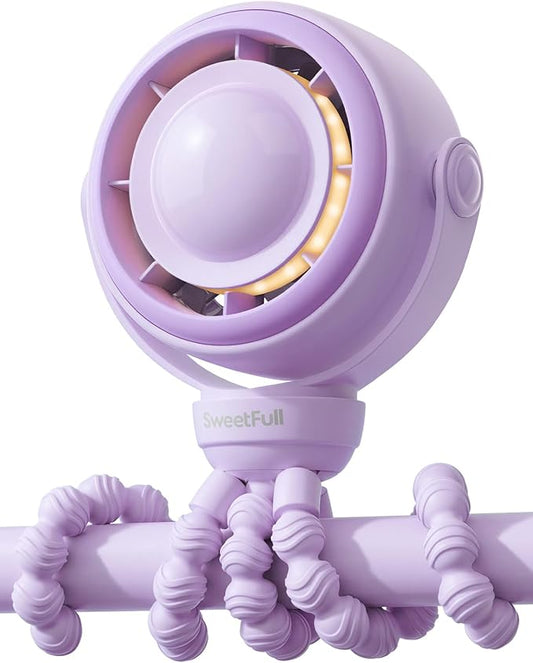 SWEETFULL Baby Stroller Fan - 4000mAh Rechargeable 4-Speed Quiet with LED Display & Night Light, Mini Portable 360° Clip On Safe Fan for Car Seat, Crib, Travel - Purple