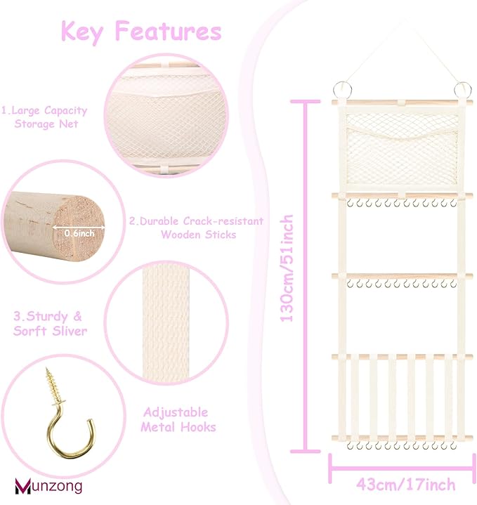 Munzong bow holder for girls hair bows 52x17 inch, Beige Hair Bow Clip Organizer for Baby Girls,Hair Accessories Storage Hanger for Toddler Kids Nursery Room Decor