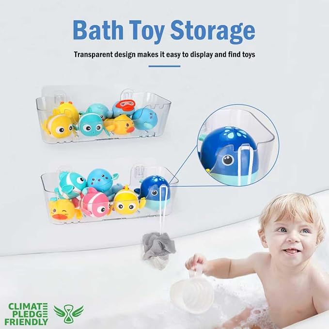 EEKEDO Bath Toy Storage Organizer 2 Pack Clear Bathtub Toy Storage Holder Large Capacity Shower Caddy Wall Mounted Shower Organizer No Drill for Bathroom, Quick-Dry, Easy to Clean and Install