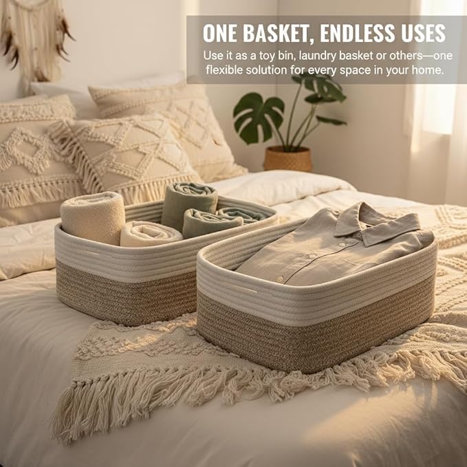 Large Shallow Basket, Storage Baskets for Organizing 2 Pack, 15"x11"x5.1", Rope Basket for Shelves, Living Room, Nursery, Bedroom, Gift Basket, White & Mixed Brown