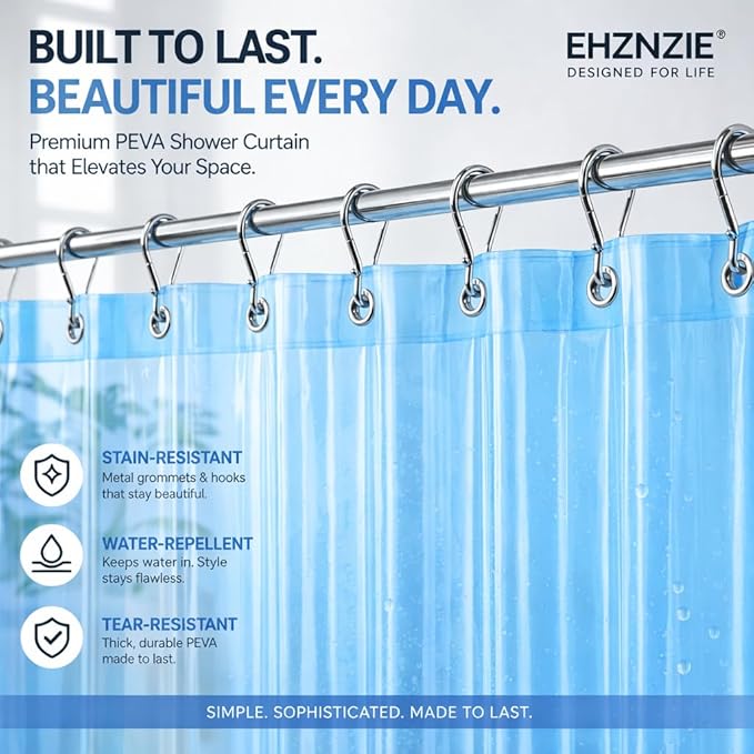 EHZNZIE Clear Blue Shower Curtain Liner 72x72, PEVA Waterproof Bath Curtain, No Chemical Smell, 3 Weighted Magnets, Durable with Rustproof Metal Grommets