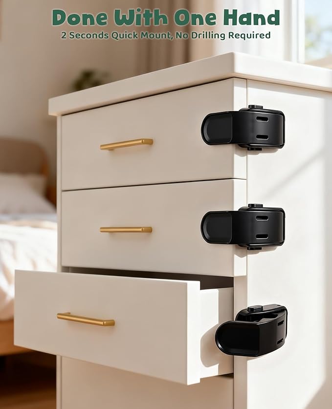 6 Pack Drawer Locks Black, Roctee Baby Proofing Lock for Right Angle Drawer Pull Out Thin Dresser Kitchen Cabinet Bedside Tables, Safety Latch Child Proofing 0-12 Month
