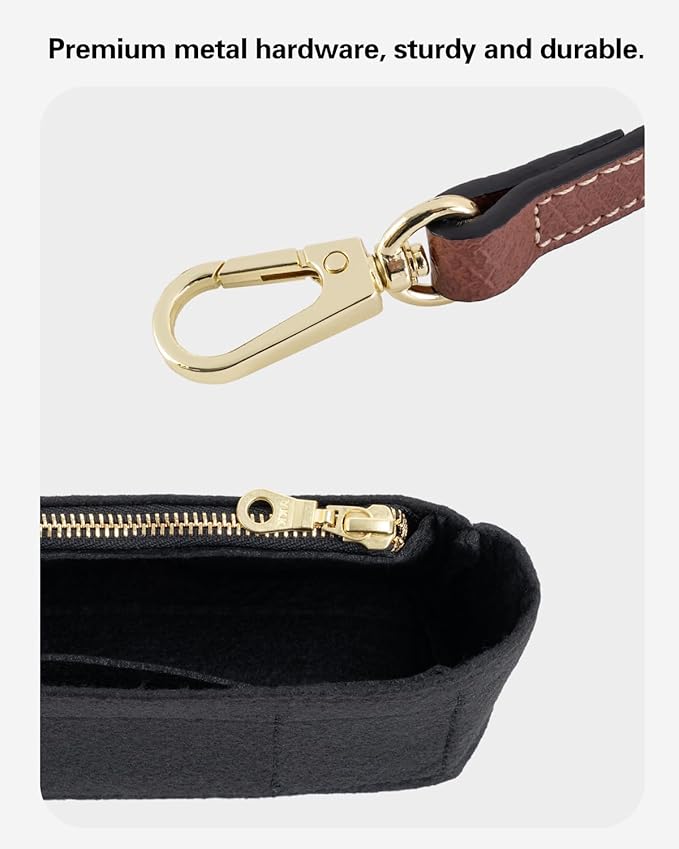 Mini Bag Organizer with Genuine Leather Crossbody Strap Conversion Kit, Compatible with Longchamp Mini Bag – Inner Liner Insert + Strap Kit Set, Brown Strap & Black Insert | Lightweight Build