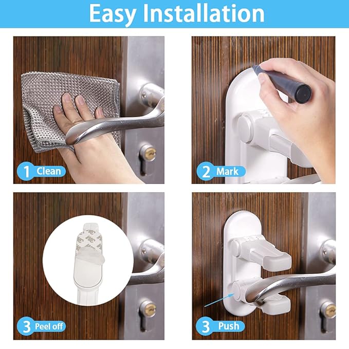 Improved Childproof Door Lever Lock（4 Pack）Prevents Toddlers from Opening Doors. Durable ABS with Adhesive Backing. Simple Install, No Tools Needed
