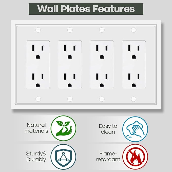 Dyekou Light Switch Cover Plate White Classic Decorative Switch Plates Cover Bamboo Fiber Wall Plate Cover for Decorator, Duplex, Toggle, Combo(4-Gang Quad Decorator,1 Pack), NF010