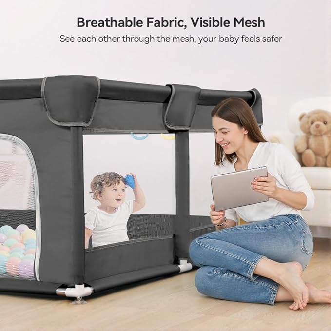 COMOMY Playpens for Babies and Toddlers, 74"x50" Playard Extra Large, Safe and Non-Slip Baby Fence, Full Mesh Design, Indoor & Outdoor Kids Activity Center, Play Pens (Dark Grey)