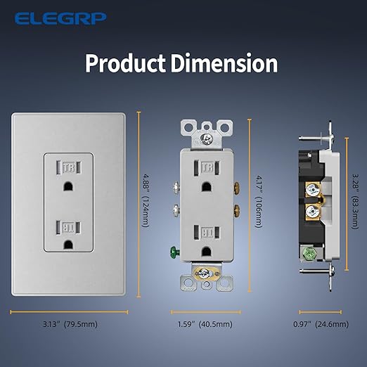 ELEGRP Matte Gray Decorator Electrical Wall Receptacle Outlet, TR Tamper Resistant Outlet, 15A 125V, 2 Pole 3 Wire, NEMA 5-15R, Self-Grounding, Mid Wall Plate Included, UL Listed, 1 Pack