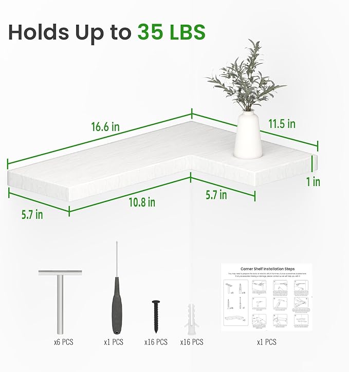 NATURE'S SOURCE Floating Corner Shelves with Invisible Brackets Set of 3, Corner Shelves Wall Mounted, for Home Bedroom Bathroom Kitchen Living Room Office- 16.6" x 11.5" (Pure White)