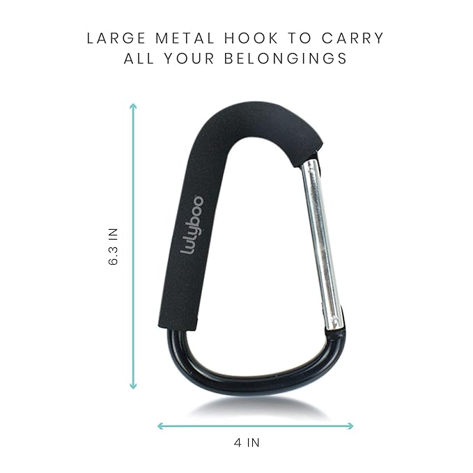 Lulyboo Multi-Use Metal Organizer Hook - Heavy-Duty Stroller, Diaper Bag & Purse Carabiner with Spring-Loaded Closure, EVA Grip, Black - Lightweight, Versatile, Holds Up to 99 lbs