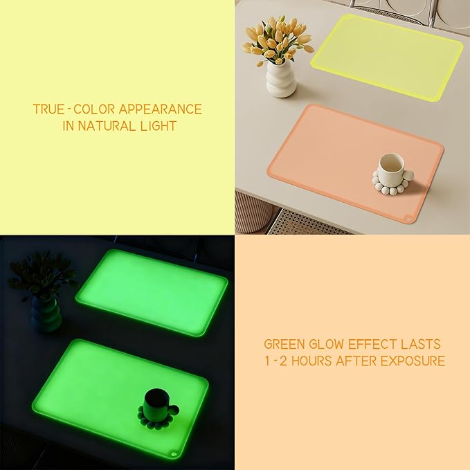 KVK Glow-in-The-Dark Silicone Placemat for Toddlers Kids Non-Slip Reusable Portable Baby Placemats for Restaurant & Home Stain-Proof Children Food Mats Eating Table Mat 2 Pack (Yellow & Orange)