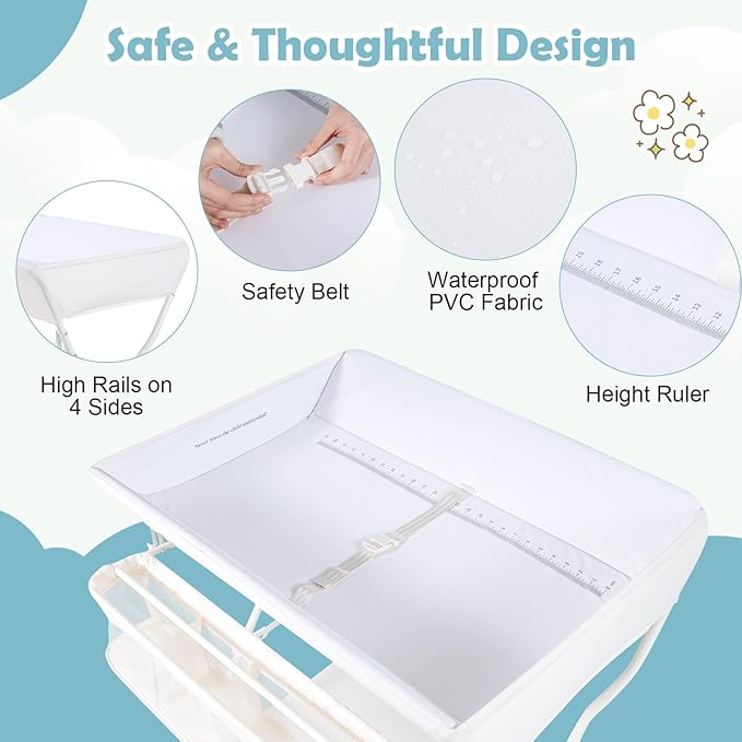 Costzon Changing Table, Portable Baby Changing Table Foldable Diaper Changing Station with Safety Belt, Large Storage Rack & Shelf, Nursery Organizer for Newborn Infant (Beige)