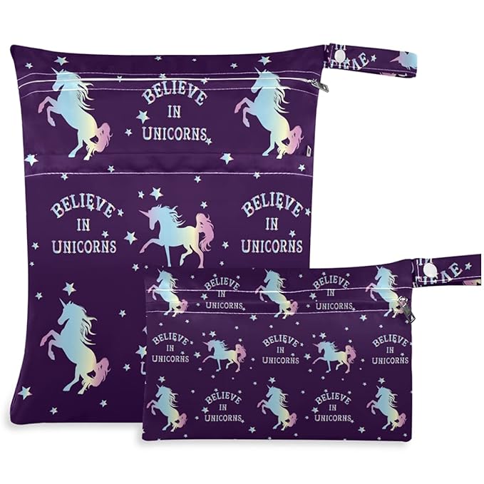 visesunny Believe in Unicorn 2Pcs Wet Bag with Zippered Pockets Washable Reusable Roomy Diaper Bag for Travel,Beach,Daycare,Stroller,Diapers,Dirty Gym Clothes,Wet Swimsuits,Toiletries