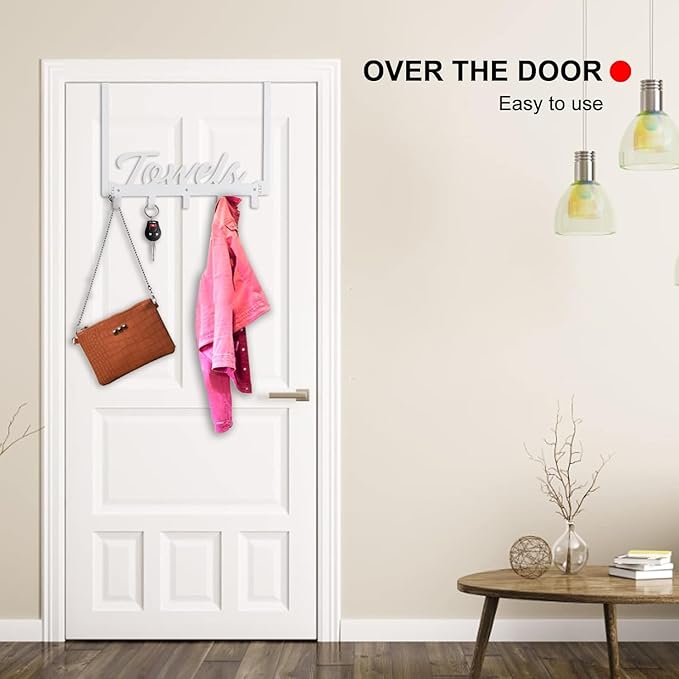 Azmoncy 2 Pack Over The Door Hooks, Towel Rack for Bathroom Towel Holder for Hanging Heavy Duty, Over Door Hanger with 10 Coat Hooks for Bedroom Bathroom Kitchen Bag, Coats, Hats (White)